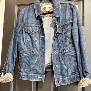Chico's Blue Denim Jacket with Leopard-Print Trim